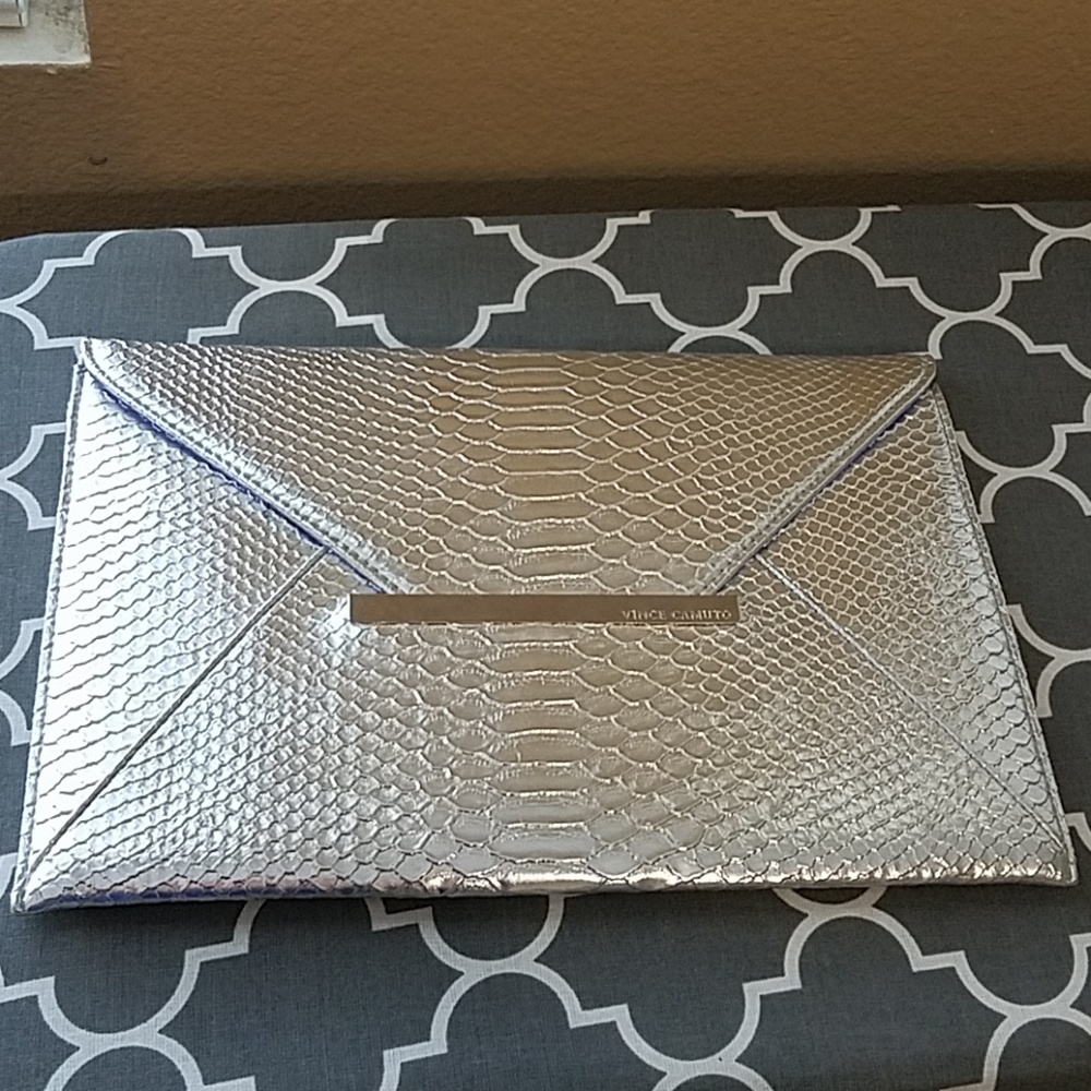 Vince Camuto Silver Snakeskin Envelope Clutch